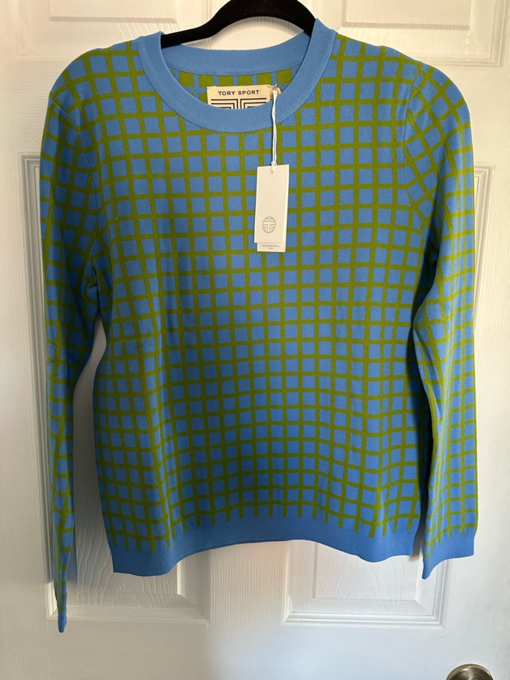Tory Sport Paris Check Leaf Green Tech Knit Crewneck Sweater NWT